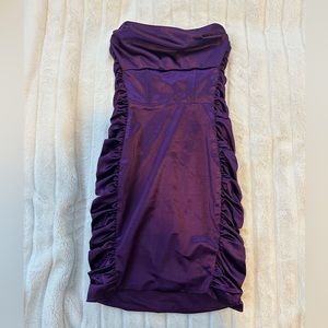 Oh Polly Surprise Me Strapless Ruched Satin Mini Dress in Purple